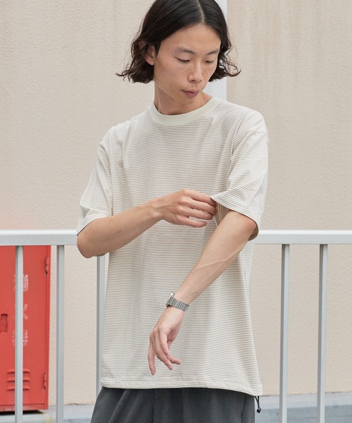 Healthknit(ヘルスニット)の「Healthknit/ヘルスニット Narrow Border Jersey Wide Crew S/S ナローボーダー ワイドクルーネック半袖Tシャツ 抗菌防臭 細ボーダー オーバーサイズ メンズ 2026年 夏 夏服(Tシャツ/カットソー・メンズ・ブラック/ベージュ/ブルー/ナチュラル・M/L/XL)」の22枚目の写真