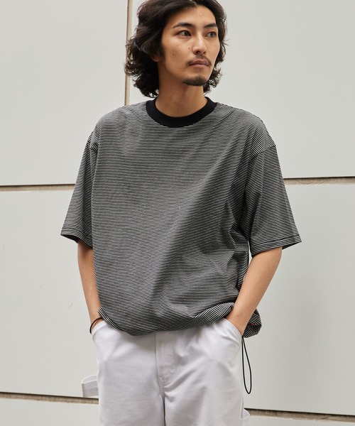Healthknit(ヘルスニット)の「Healthknit/ヘルスニット Narrow Border Jersey Wide Crew S/S ナローボーダー ワイドクルーネック半袖Tシャツ 抗菌防臭 細ボーダー オーバーサイズ メンズ 2026年 夏 夏服(Tシャツ/カットソー・メンズ・ブラック/ベージュ/ブルー/ナチュラル・M/L/XL)」の12枚目の写真