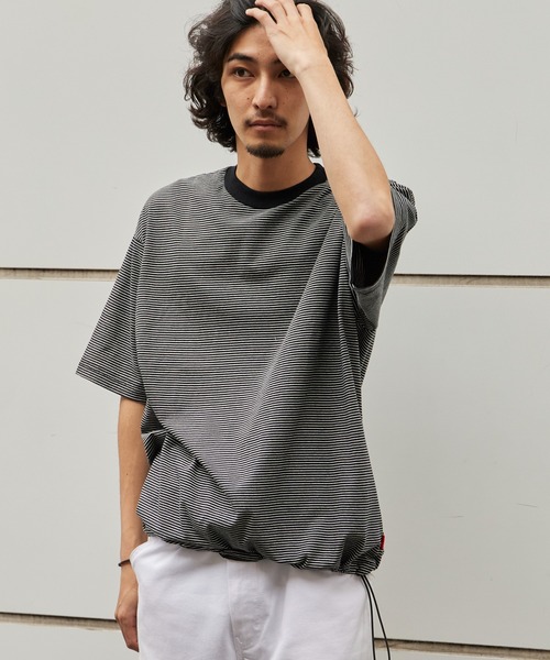 Healthknit(ヘルスニット)の「Healthknit/ヘルスニット Narrow Border Jersey Wide Crew S/S ナローボーダー ワイドクルーネック半袖Tシャツ 抗菌防臭 細ボーダー オーバーサイズ メンズ 2026年 夏 夏服(Tシャツ/カットソー・メンズ・ブラック/ベージュ/ブルー/ナチュラル・M/L/XL)」の13枚目の写真
