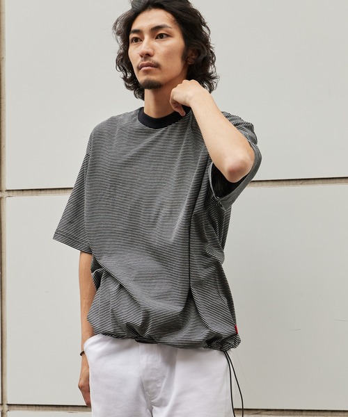 Healthknit(ヘルスニット)の「Healthknit/ヘルスニット Narrow Border Jersey Wide Crew S/S ナローボーダー ワイドクルーネック半袖Tシャツ 抗菌防臭 細ボーダー オーバーサイズ メンズ 2026年 夏 夏服(Tシャツ/カットソー・メンズ・ブラック/ベージュ/ブルー/ナチュラル・M/L/XL)」の14枚目の写真