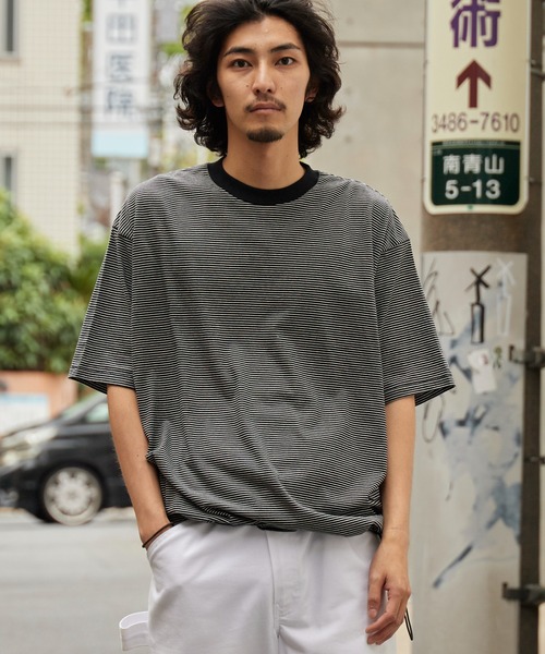 Healthknit(ヘルスニット)の「Healthknit/ヘルスニット Narrow Border Jersey Wide Crew S/S ナローボーダー ワイドクルーネック半袖Tシャツ 抗菌防臭 細ボーダー オーバーサイズ メンズ 2026年 夏 夏服(Tシャツ/カットソー・メンズ・ブラック/ベージュ/ブルー/ナチュラル・M/L/XL)」の11枚目の写真