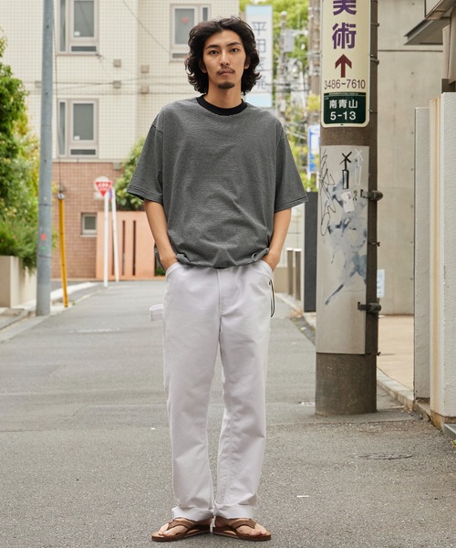 Healthknit(ヘルスニット)の「Healthknit/ヘルスニット Narrow Border Jersey Wide Crew S/S ナローボーダー ワイドクルーネック半袖Tシャツ 抗菌防臭 細ボーダー オーバーサイズ メンズ 2026年 夏 夏服(Tシャツ/カットソー・メンズ・ブラック/ベージュ/ブルー/ナチュラル・M/L/XL)」の18枚目の写真