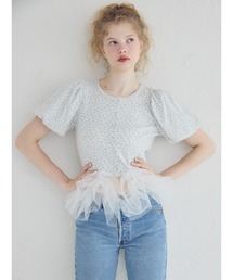 チュールヘム小花柄カーデ / Tulle hem small floral print cardigan