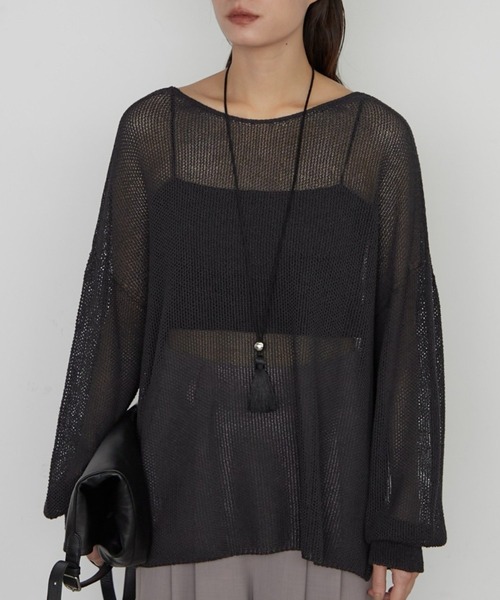 LOUNGEDRESS（ラウンジドレス）の「《さらりと上品/華奢見え》【JAPAN MADE】和紙鹿子2WAYニット（ニット/セーター・レディース・ブラック/オフホワイト/ベージュ・FREE）」の2枚目の写真