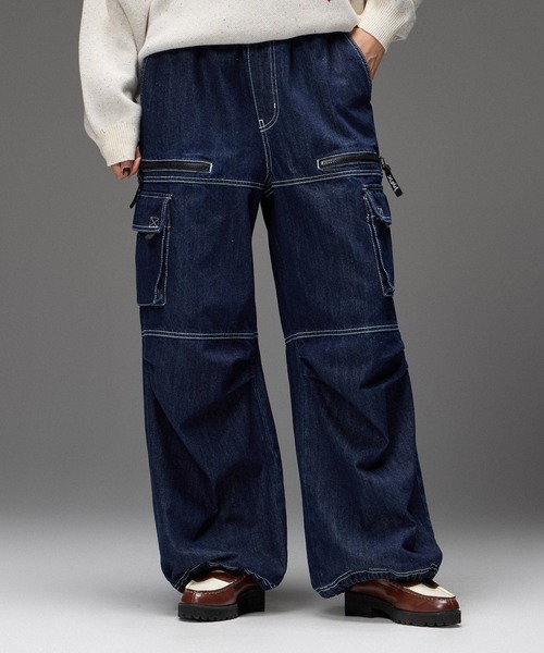 X-girl(エックスガール)の「BICOLOR STITCH EASY CARGO PANTS(カーゴパンツ・レディース・ブラウン/インディゴブルー・M/S)」の2枚目の写真