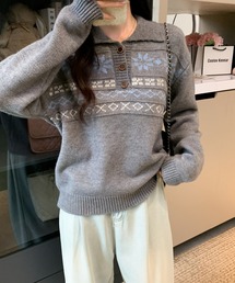 ノルディック柄 襟付き ルーズニットトップス