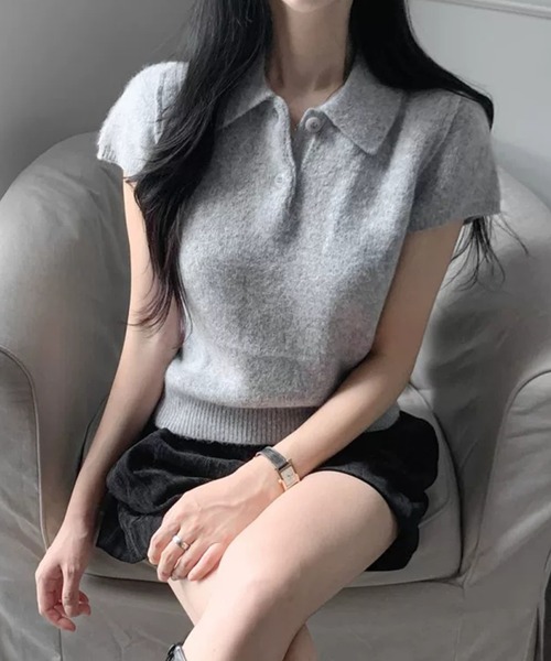 Girly Doll(ガーリードール)の「ポロカラー半袖起毛ニット(ニット/セーター・レディース・ピンク/ベージュ/グリーン/グレー・FREE)」の3枚目の写真