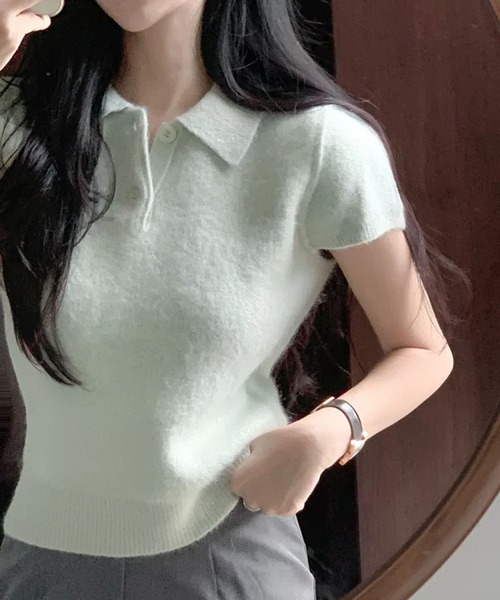 Girly Doll(ガーリードール)の「ポロカラー半袖起毛ニット(ニット/セーター・レディース・ピンク/ベージュ/グリーン/グレー・FREE)」の16枚目の写真