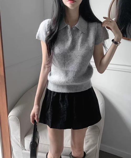 Girly Doll(ガーリードール)の「ポロカラー半袖起毛ニット(ニット/セーター・レディース・ピンク/ベージュ/グリーン/グレー・FREE)」の21枚目の写真