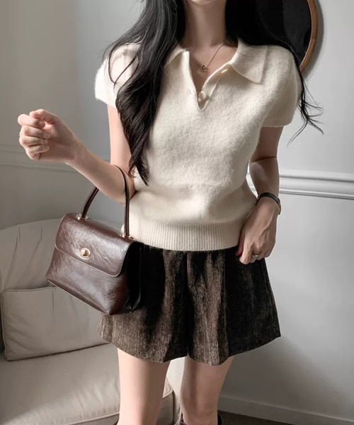 Girly Doll(ガーリードール)の「ポロカラー半袖起毛ニット(ニット/セーター・レディース・ピンク/ベージュ/グリーン/グレー・FREE)」の6枚目の写真
