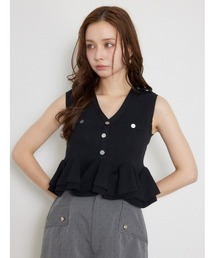 ボタンポイントペプラムニットトップス 夏服 秋服