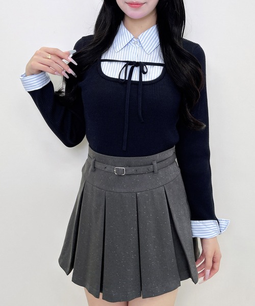INGNI(イング)の「【WEB限定】シャツドッキングフロントリボンニット(ニット/セーター・レディース・ブラック×ホワイト/グレー系9/グレー×ホワイト/ブラック系その他/ネイビー系8/ワイン系2・M)」の6枚目の写真