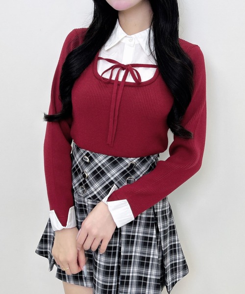 INGNI(イング)の「【WEB限定】シャツドッキングフロントリボンニット(ニット/セーター・レディース・ブラック×ホワイト/グレー系9/グレー×ホワイト/ブラック系その他/ネイビー系8/ワイン系2・M)」の1枚目の写真