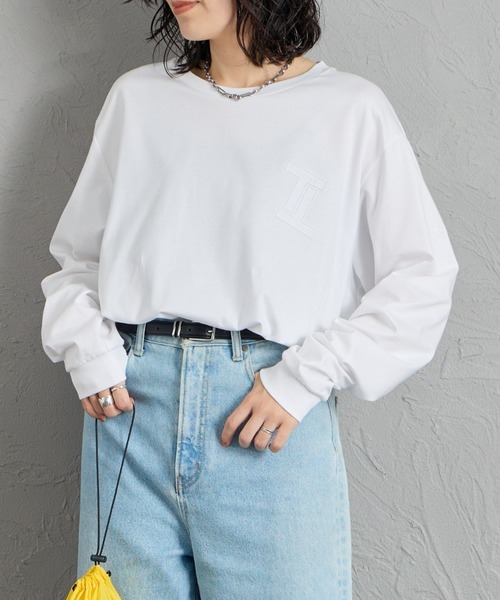 MIENGO 字母老花刺繡長袖T恤