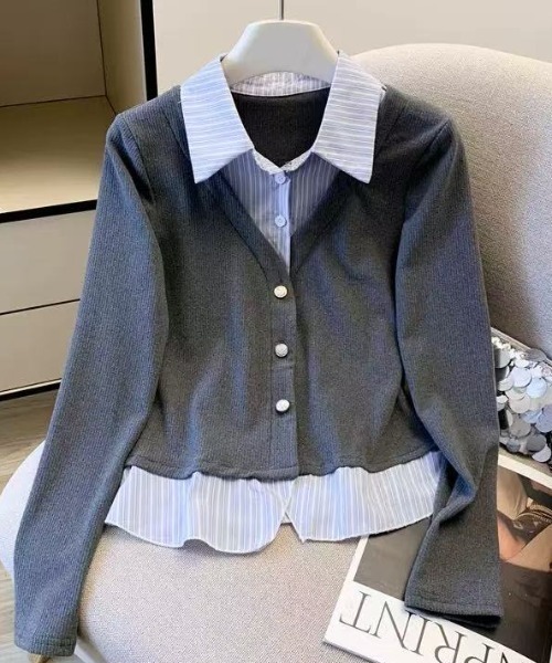 AVYL(アヴィル)の「シャツ切替ドッキングVネックカーディガン(Tシャツ/カットソー・レディース・ネイビー/グレー・M)」の10枚目の写真