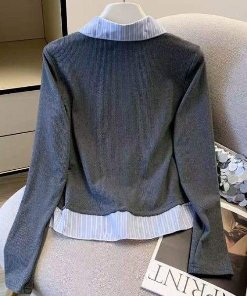 AVYL(アヴィル)の「シャツ切替ドッキングVネックカーディガン(Tシャツ/カットソー・レディース・ネイビー/グレー・M)」の11枚目の写真