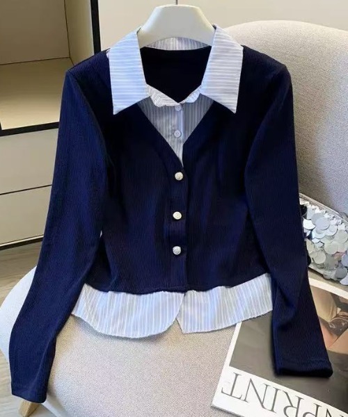 AVYL(アヴィル)の「シャツ切替ドッキングVネックカーディガン(Tシャツ/カットソー・レディース・ネイビー/グレー・M)」の12枚目の写真