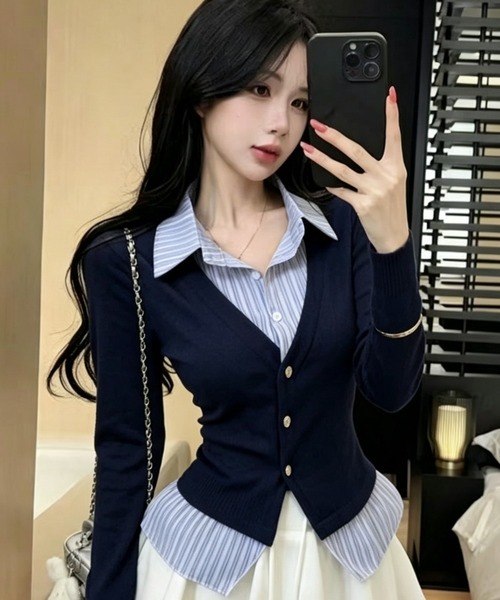 AVYL(アヴィル)の「シャツ切替ドッキングVネックカーディガン(Tシャツ/カットソー・レディース・ネイビー/グレー・M)」の7枚目の写真