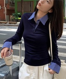 チェック切り替えポロネックロング T シャツ タイトシルエット レディーストップス