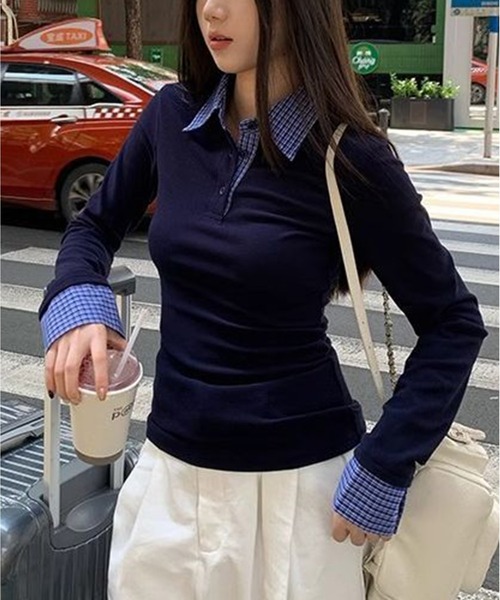 AsheKsha(アシクシャ)の「チェック切り替えポロネックロング T シャツ タイトシルエット レディーストップス(Tシャツ/カットソー・レディース・ネイビー・M)」の3枚目の写真