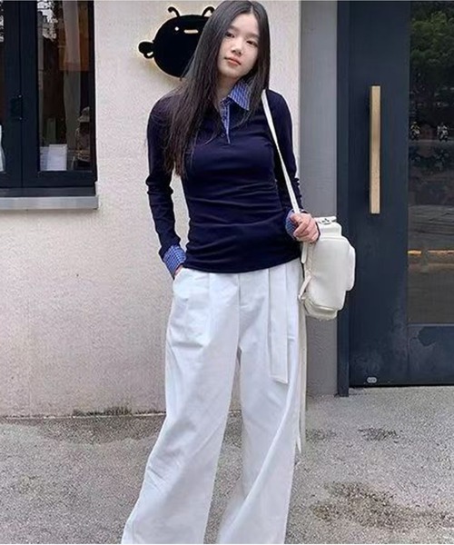 AsheKsha(アシクシャ)の「チェック切り替えポロネックロング T シャツ タイトシルエット レディーストップス(Tシャツ/カットソー・レディース・ネイビー・M)」の4枚目の写真