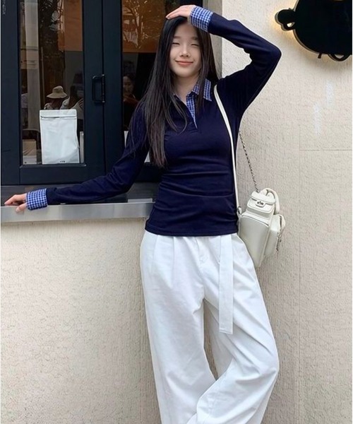 AsheKsha(アシクシャ)の「チェック切り替えポロネックロング T シャツ タイトシルエット レディーストップス(Tシャツ/カットソー・レディース・ネイビー・M)」の5枚目の写真