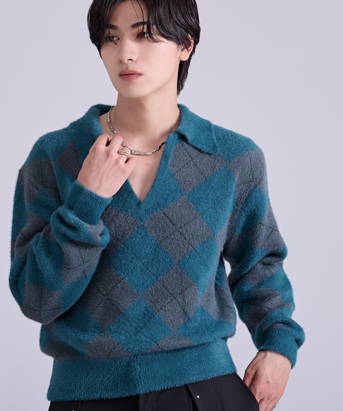 Ellno Loset(エルノロゼット)の「アーガイルシャギーニット(ニット/セーター・メンズ・ブルーグリーン/ブラウン/ブラック・LARGE/MEDIUM/SMALL)」の3枚目の写真
