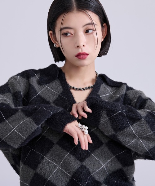 Ellno Loset(エルノロゼット)の「アーガイルシャギーニット(ニット/セーター・メンズ・ブルーグリーン/ブラウン/ブラック・LARGE/MEDIUM/SMALL)」の2枚目の写真