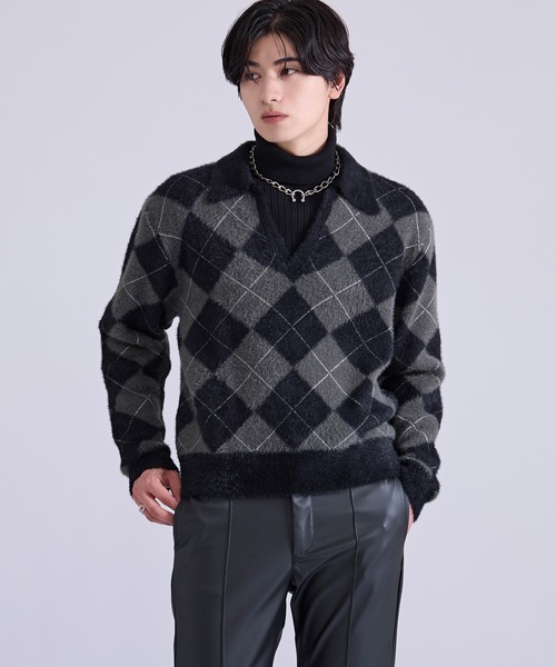 Ellno Loset(エルノロゼット)の「アーガイルシャギーニット(ニット/セーター・メンズ・ブルーグリーン/ブラウン/ブラック・LARGE/MEDIUM/SMALL)」の8枚目の写真