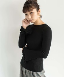 袖フリルリブニットプルオーバー