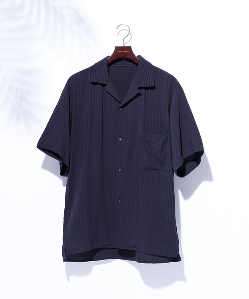 EMMA CLOTHES（エマクローズ）の「ドビークロス ストライプ オープンカラー半袖シャツ（シャツ/ブラウス・メンズ・ホワイト/ブラック/ネイビー/ピンク/イエロー/マスタード・M/L/XL）」の4枚目の写真