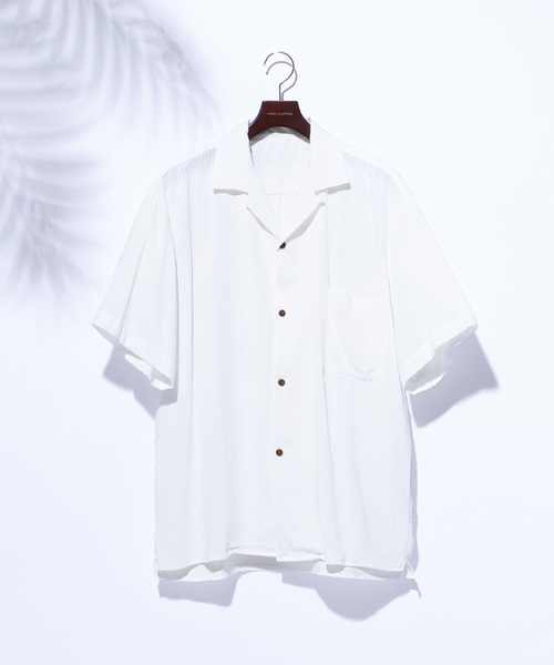 EMMA CLOTHES（エマクローズ）の「ドビークロス ストライプ オープンカラー半袖シャツ（シャツ/ブラウス・メンズ・ホワイト/ブラック/ネイビー/ピンク/イエロー/マスタード・M/L/XL）」の2枚目の写真