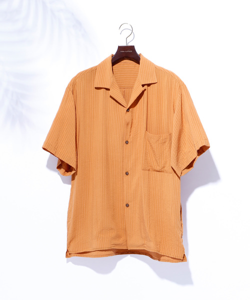 EMMA CLOTHES（エマクローズ）の「ドビークロス ストライプ オープンカラー半袖シャツ（シャツ/ブラウス・メンズ・ホワイト/ブラック/ネイビー/ピンク/イエロー/マスタード・M/L/XL）」の5枚目の写真