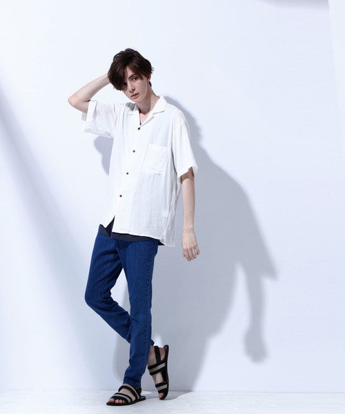 EMMA CLOTHES（エマクローズ）の「ドビークロス ストライプ オープンカラー半袖シャツ（シャツ/ブラウス・メンズ・ホワイト/ブラック/ネイビー/ピンク/イエロー/マスタード・M/L/XL）」の7枚目の写真