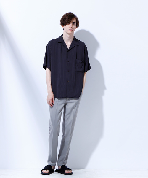 EMMA CLOTHES（エマクローズ）の「ドビークロス ストライプ オープンカラー半袖シャツ（シャツ/ブラウス・メンズ・ホワイト/ブラック/ネイビー/ピンク/イエロー/マスタード・M/L/XL）」の9枚目の写真