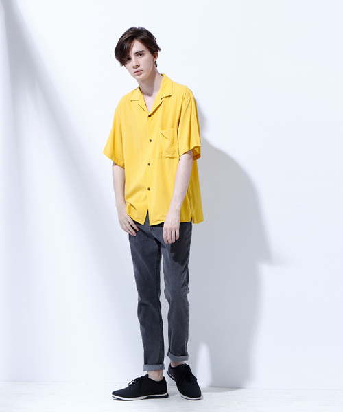 EMMA CLOTHES（エマクローズ）の「ドビークロス ストライプ オープンカラー半袖シャツ（シャツ/ブラウス・メンズ・ホワイト/ブラック/ネイビー/ピンク/イエロー/マスタード・M/L/XL）」の10枚目の写真