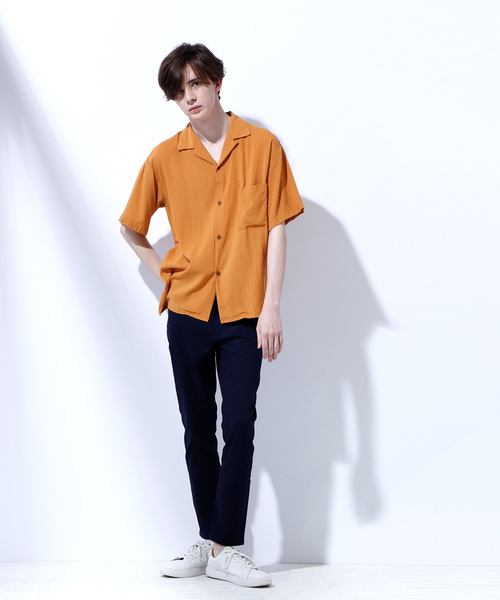 EMMA CLOTHES（エマクローズ）の「ドビークロス ストライプ オープンカラー半袖シャツ（シャツ/ブラウス・メンズ・ホワイト/ブラック/ネイビー/ピンク/イエロー/マスタード・M/L/XL）」の11枚目の写真