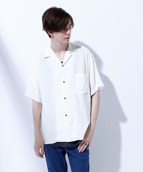 EMMA CLOTHES（エマクローズ）の「ドビークロス ストライプ オープンカラー半袖シャツ（シャツ/ブラウス・メンズ・ホワイト/ブラック/ネイビー/ピンク/イエロー/マスタード・M/L/XL）」の13枚目の写真