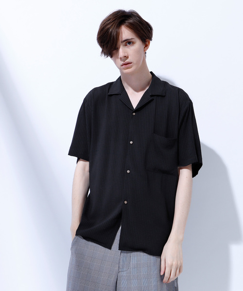 EMMA CLOTHES（エマクローズ）の「ドビークロス ストライプ オープンカラー半袖シャツ（シャツ/ブラウス・メンズ・ホワイト/ブラック/ネイビー/ピンク/イエロー/マスタード・M/L/XL）」の14枚目の写真