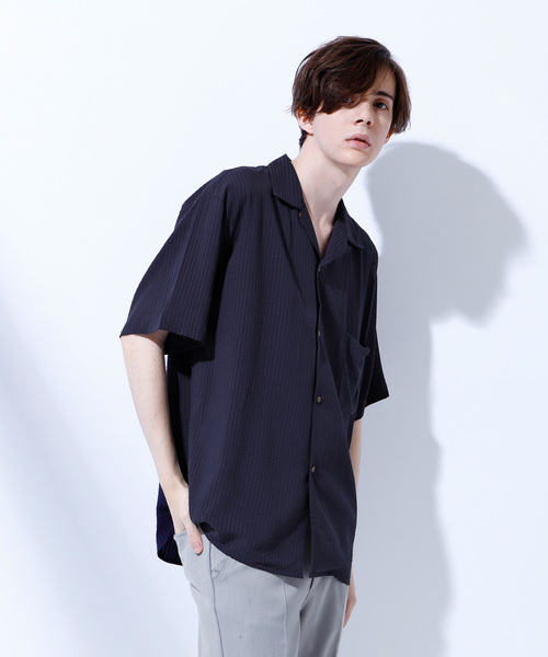 EMMA CLOTHES（エマクローズ）の「ドビークロス ストライプ オープンカラー半袖シャツ（シャツ/ブラウス・メンズ・ホワイト/ブラック/ネイビー/ピンク/イエロー/マスタード・M/L/XL）」の15枚目の写真