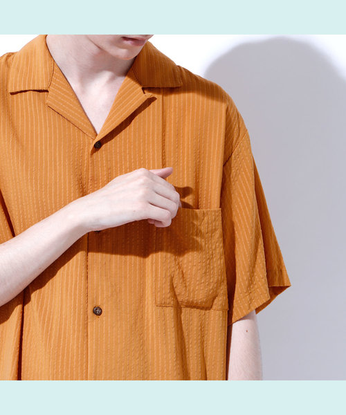 EMMA CLOTHES（エマクローズ）の「ドビークロス ストライプ オープンカラー半袖シャツ（シャツ/ブラウス・メンズ・ホワイト/ブラック/ネイビー/ピンク/イエロー/マスタード・M/L/XL）」の20枚目の写真