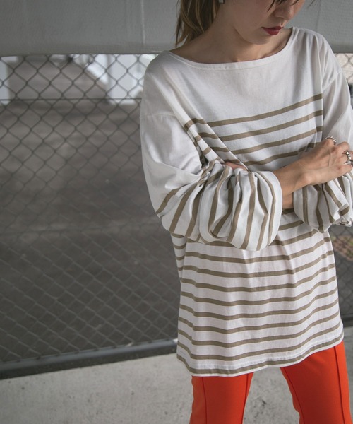 bohmal（ボマール）の「ビッグパネルボーダーバスクシャツ（Tシャツ/カットソー・レディース・ブラック/ベージュ・MEDIUM）」の2枚目の写真