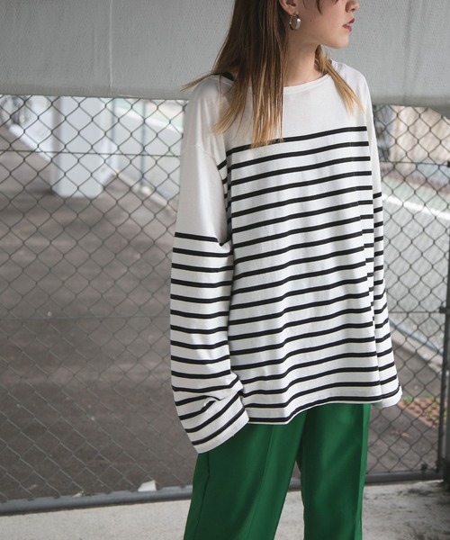 bohmal（ボマール）の「ビッグパネルボーダーバスクシャツ（Tシャツ/カットソー・レディース・ブラック/ベージュ・MEDIUM）」の6枚目の写真