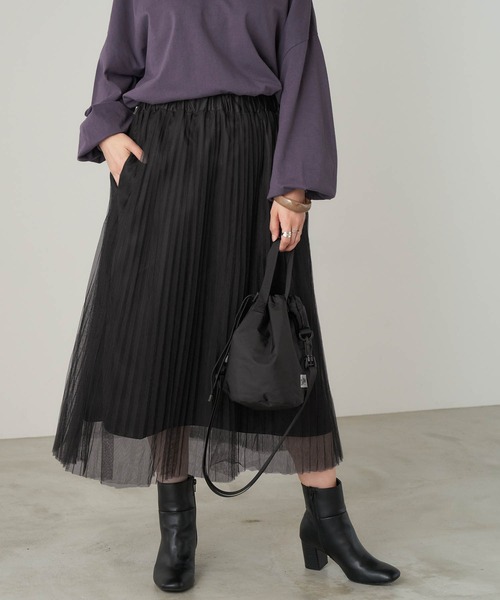 Chaco closet（チャコ クローゼット）の「チュールプリーツレイヤードシアースカート（スカート・レディース・グレー/ブラック/ブラウン/ベージュ・M/TM）」の5枚目の写真