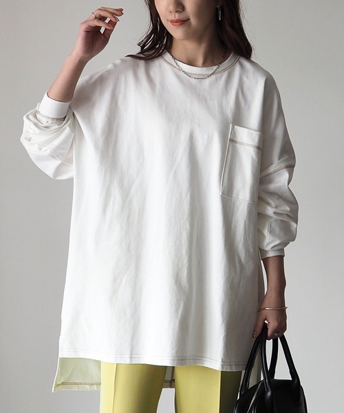 Riberry（リベリー）の「配色ステッチBIGロンT（Tシャツ/カットソー・レディース・オフホワイト/スミクロ/モカ/グリーン/ブルー/ピンク・FREE）」の2枚目の写真