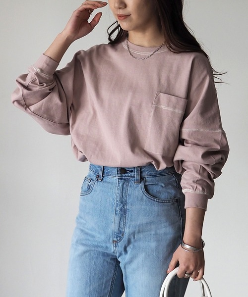 Riberry（リベリー）の「配色ステッチBIGロンT（Tシャツ/カットソー・レディース・オフホワイト/スミクロ/モカ/グリーン/ブルー/ピンク・FREE）」の6枚目の写真