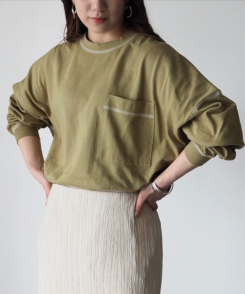 Riberry（リベリー）の「配色ステッチBIGロンT（Tシャツ/カットソー・レディース・オフホワイト/スミクロ/モカ/グリーン/ブルー/ピンク・FREE）」の5枚目の写真