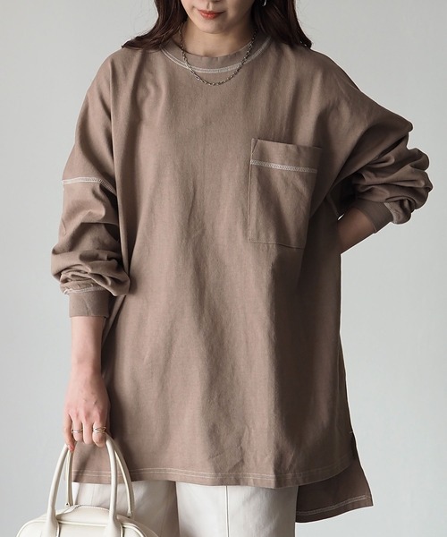 Riberry（リベリー）の「配色ステッチBIGロンT（Tシャツ/カットソー・レディース・オフホワイト/スミクロ/モカ/グリーン/ブルー/ピンク・FREE）」の4枚目の写真