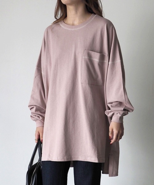 Riberry（リベリー）の「配色ステッチBIGロンT（Tシャツ/カットソー・レディース・オフホワイト/スミクロ/モカ/グリーン/ブルー/ピンク・FREE）」の13枚目の写真