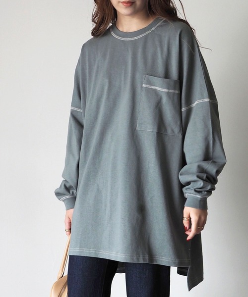Riberry（リベリー）の「配色ステッチBIGロンT（Tシャツ/カットソー・レディース・オフホワイト/スミクロ/モカ/グリーン/ブルー/ピンク・FREE）」の15枚目の写真